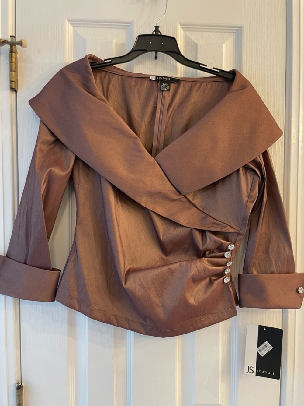 JS Boutique Metallic Bronze Off-Shoulder Wrap Blouse